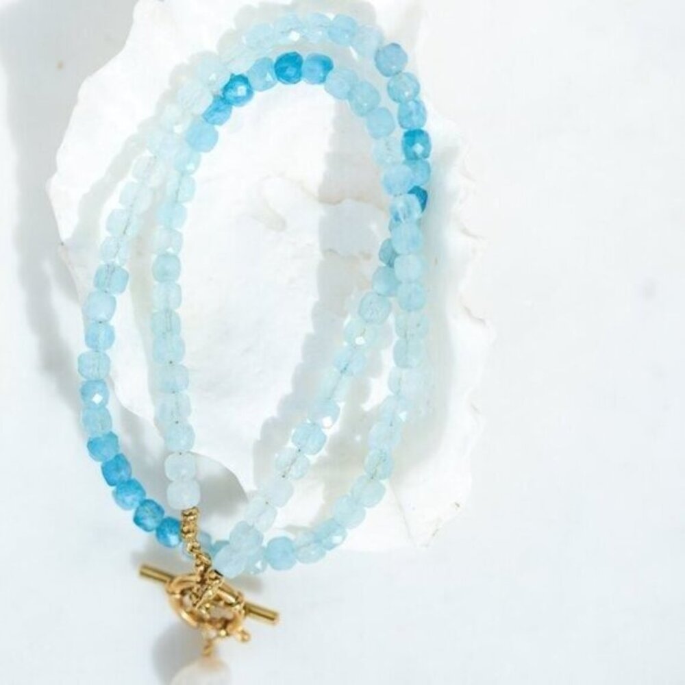 Aquamarine Beaded Necklace Ocean Blue Gemstone Jewelry Waterproof Vacation Gift - Picture 11 of 14